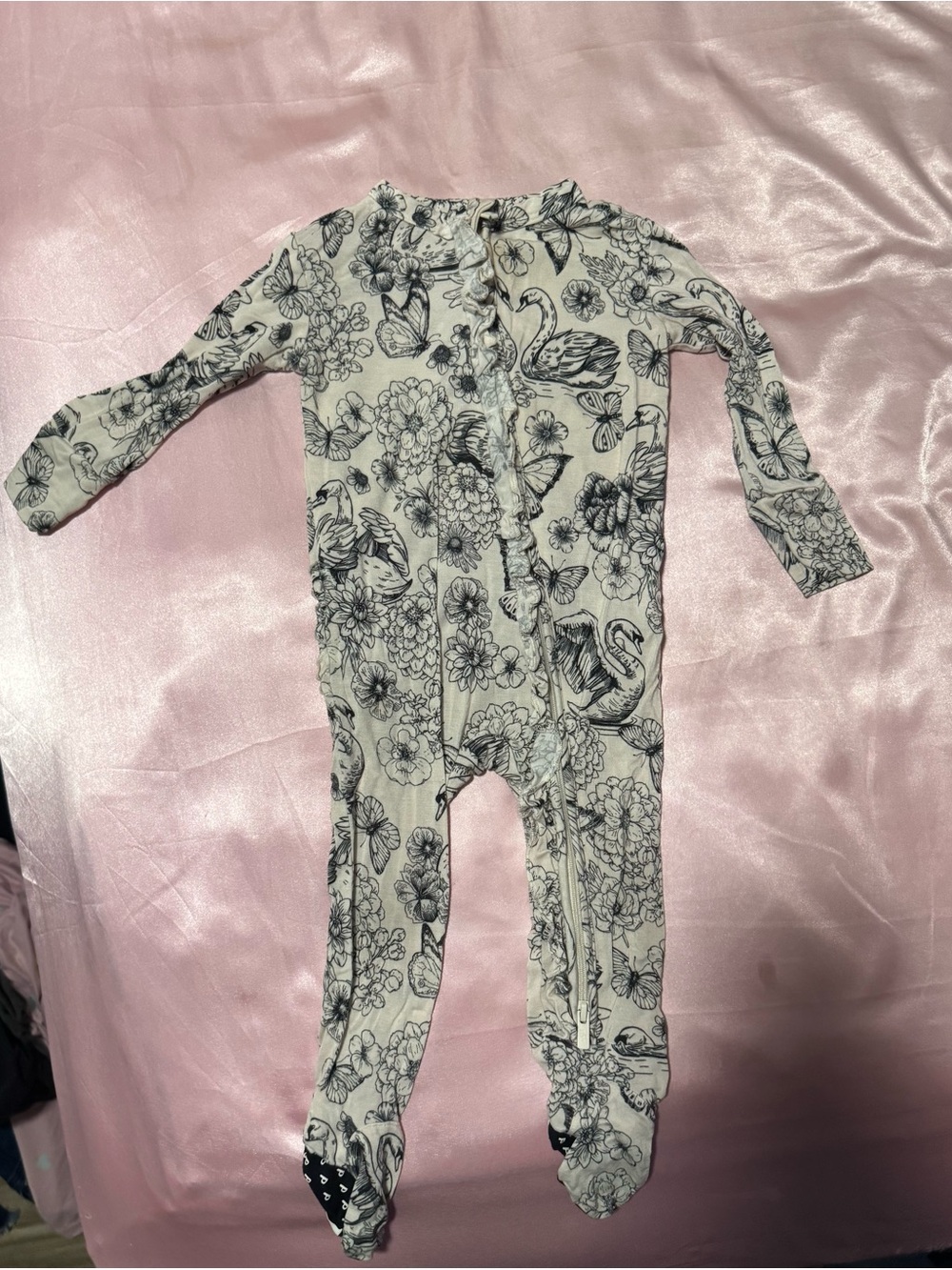 Posh Peanut Ivory One-Piece Footie with Black Swan & Floral Print